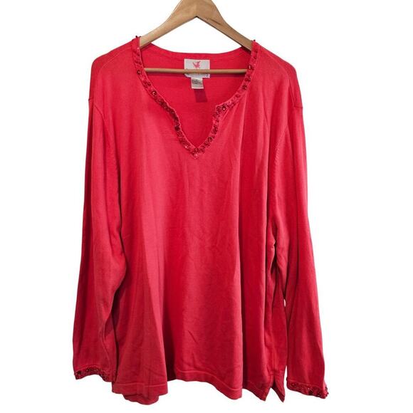 Quaker Factory Sweater Womens 3X Pink Beaded Sequin Bright Stretchy Casual Retro - Picture 1 of 8